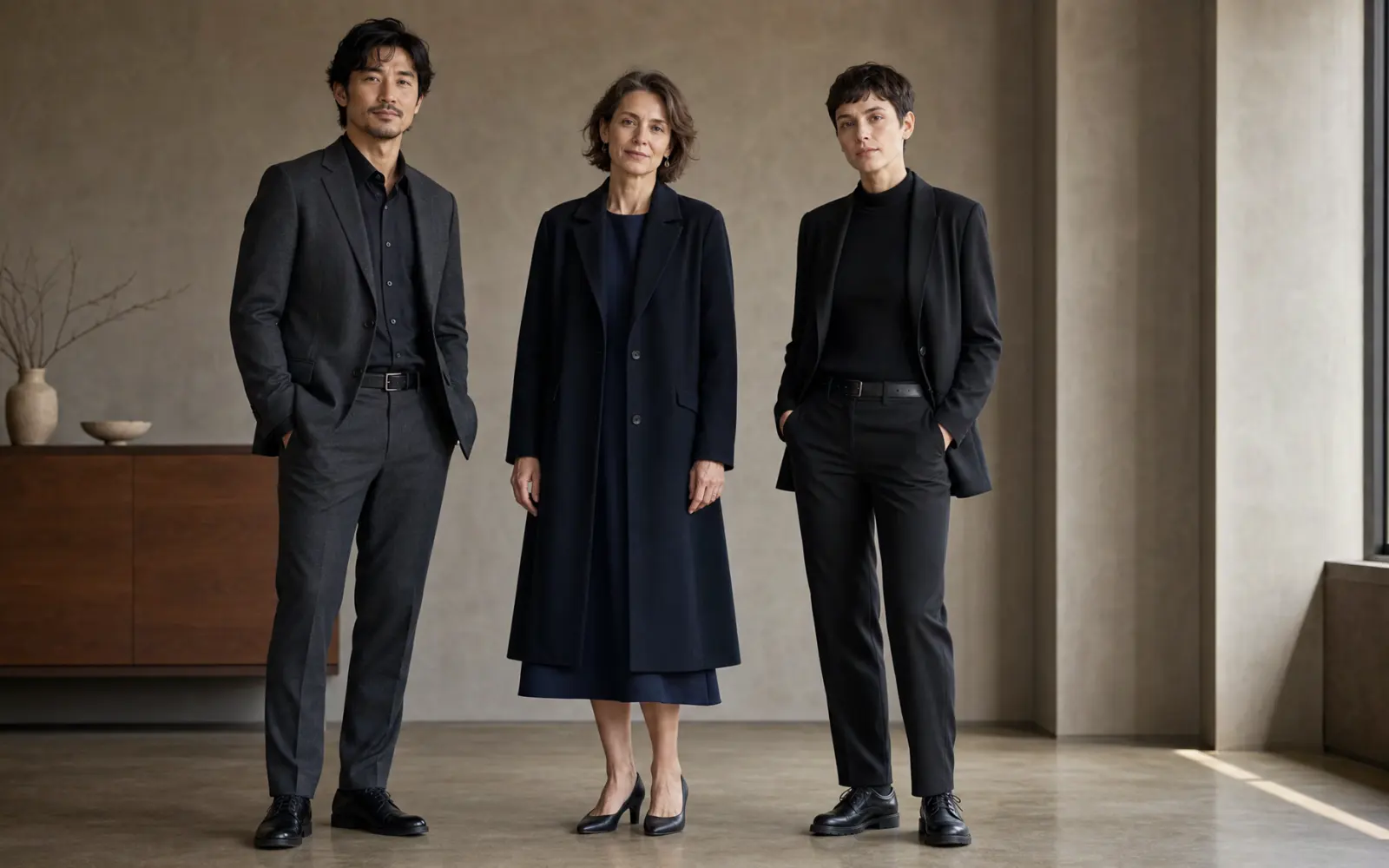 Three understated funeral outfit formulas with tailored separates, a modest dress, and a gender-neutral trouser look