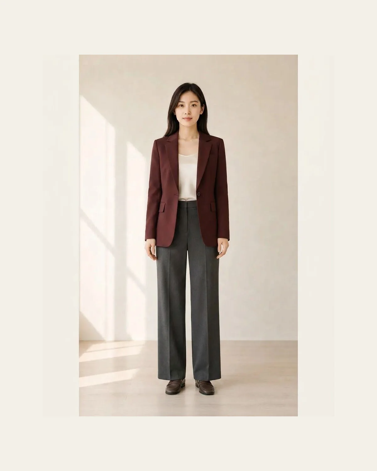 Burgundy blazer, ivory top, and charcoal wide-leg trousers