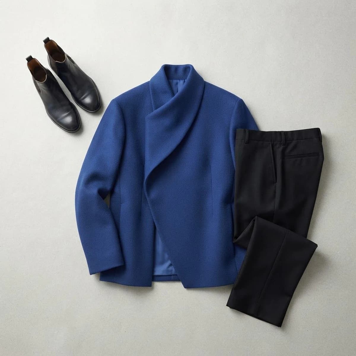 Editorial blue layers arranged as a complete outfit board reference