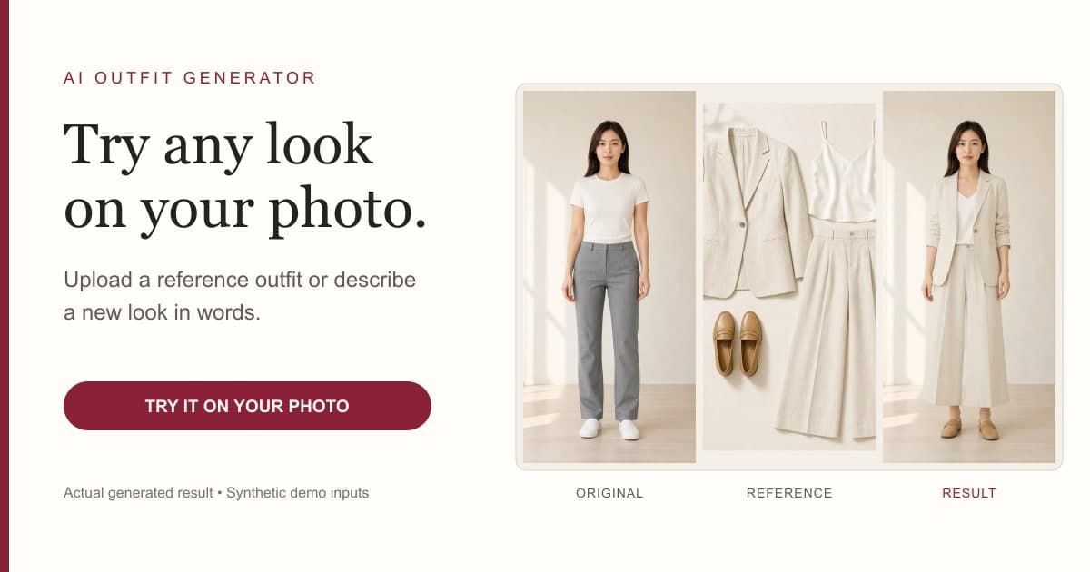 AI Outfit Generator interface showing a clothing preview workflow